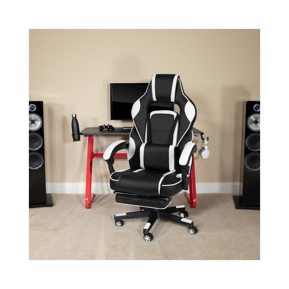 Red Gaming Desk with Cup Holder/Headphone Hook & White Reclining Back/Arms Gaming Chair with Footrest