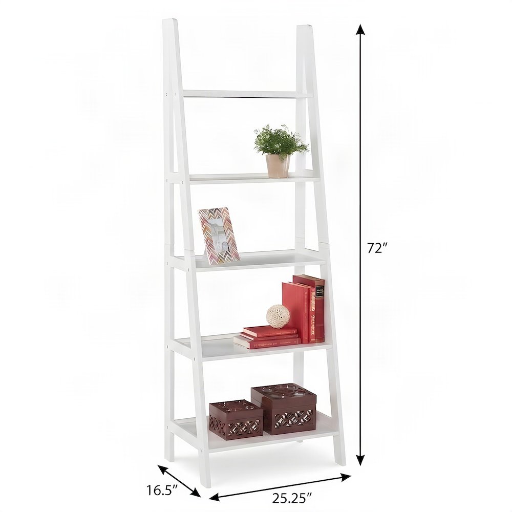 Wood Ladder Bookcase with Five Shelves, Tall Bookshelf, White