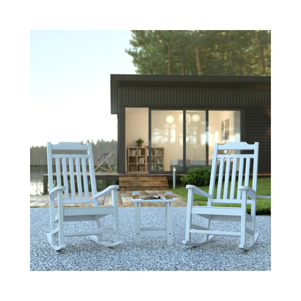 Set of 2 All-Weather Poly Resin Rocking Chairs with Accent Side Table in White
