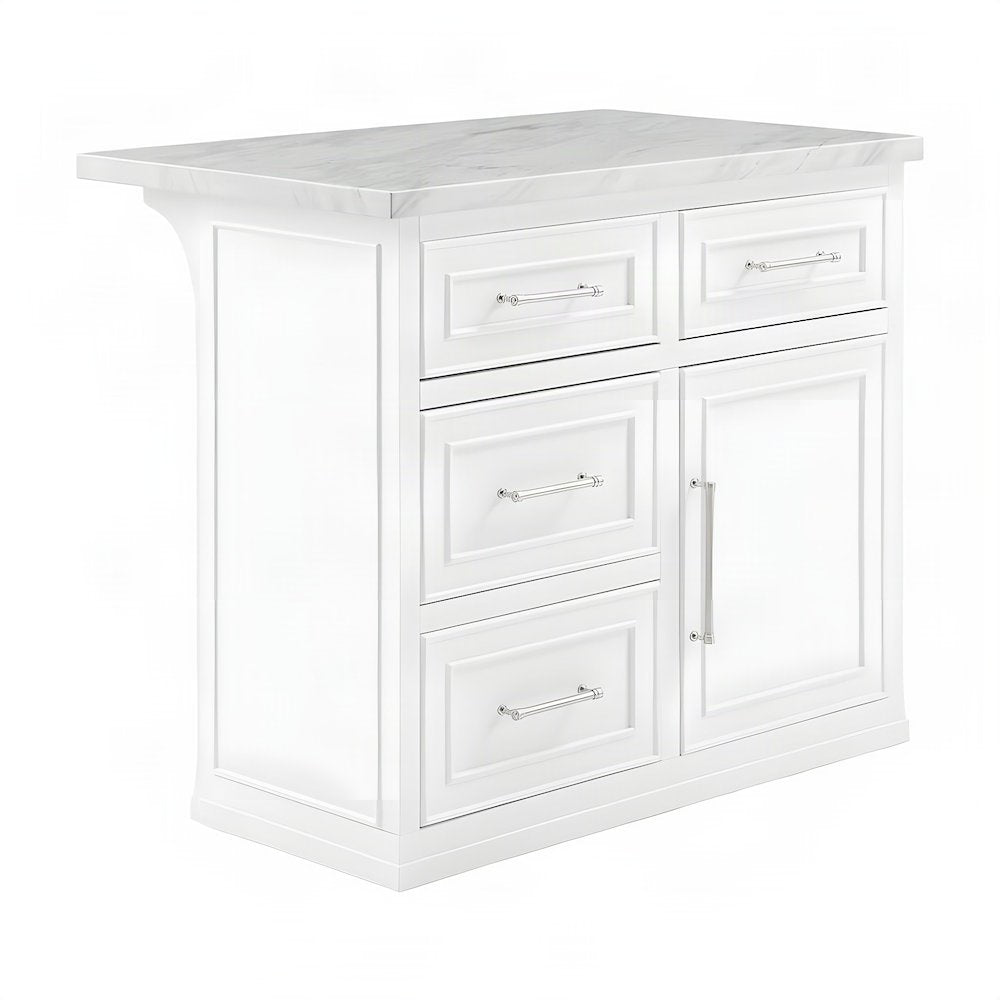 FurniFact Kitchen Island with Faux Marble Top and Beaded Molding, White