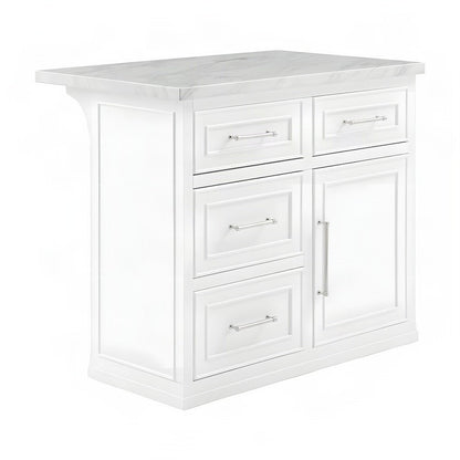 FurniFact Kitchen Island with Faux Marble Top and Beaded Molding, White