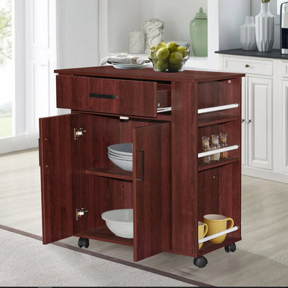 Better Home Products Shelby Rolling Kitchen Cart with Storage Cabinet - Mahogany