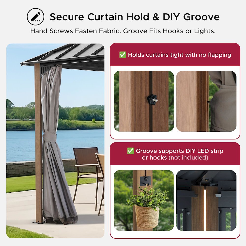 10 ft x 10 ft Hardtop Gazebo with Steel Roof, Woodgrain Aluminum Frame