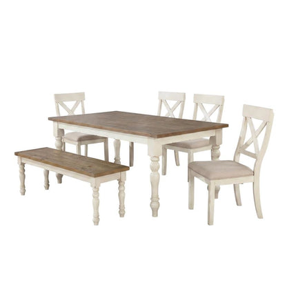 Antique White and Distressed Oak 6-Piece Dining Set with Chairs and Bench