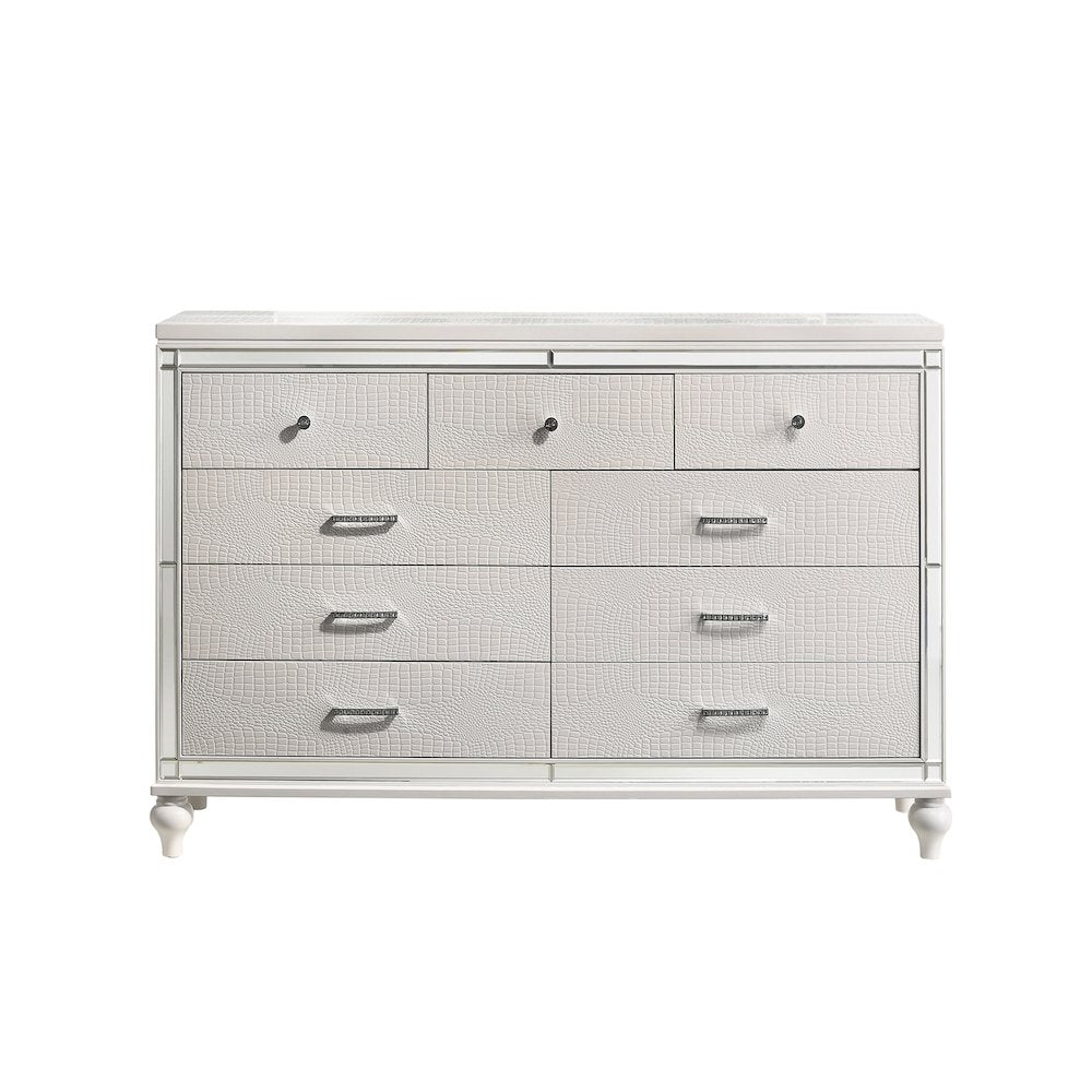 Furniture Valentine Solid Wood Dresser with 9 Drawers in White