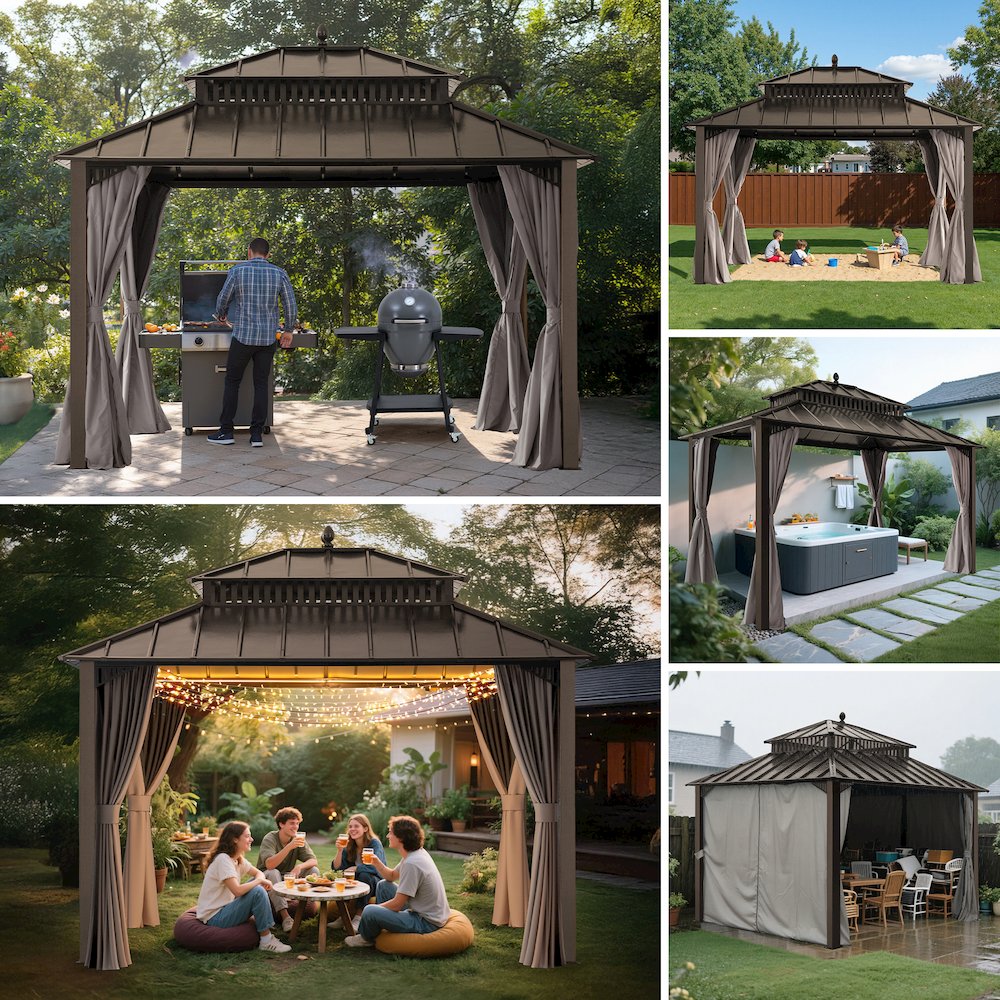 12 ft x 10 ft Hardtop Gazebo with Steel Roof, Brown Aluminum Frame - Extra-Tall