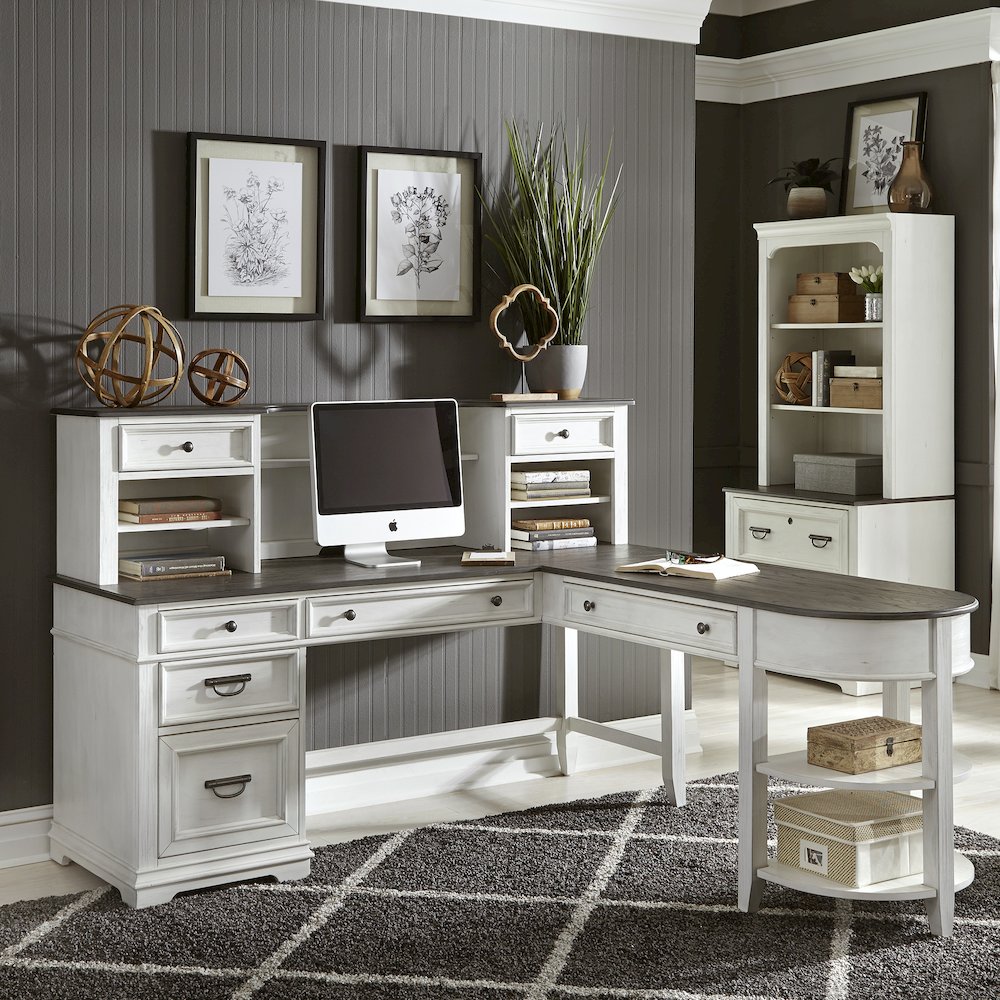 L Shaped Desk Set In White With Charcoal Top For Modern Office Spaces