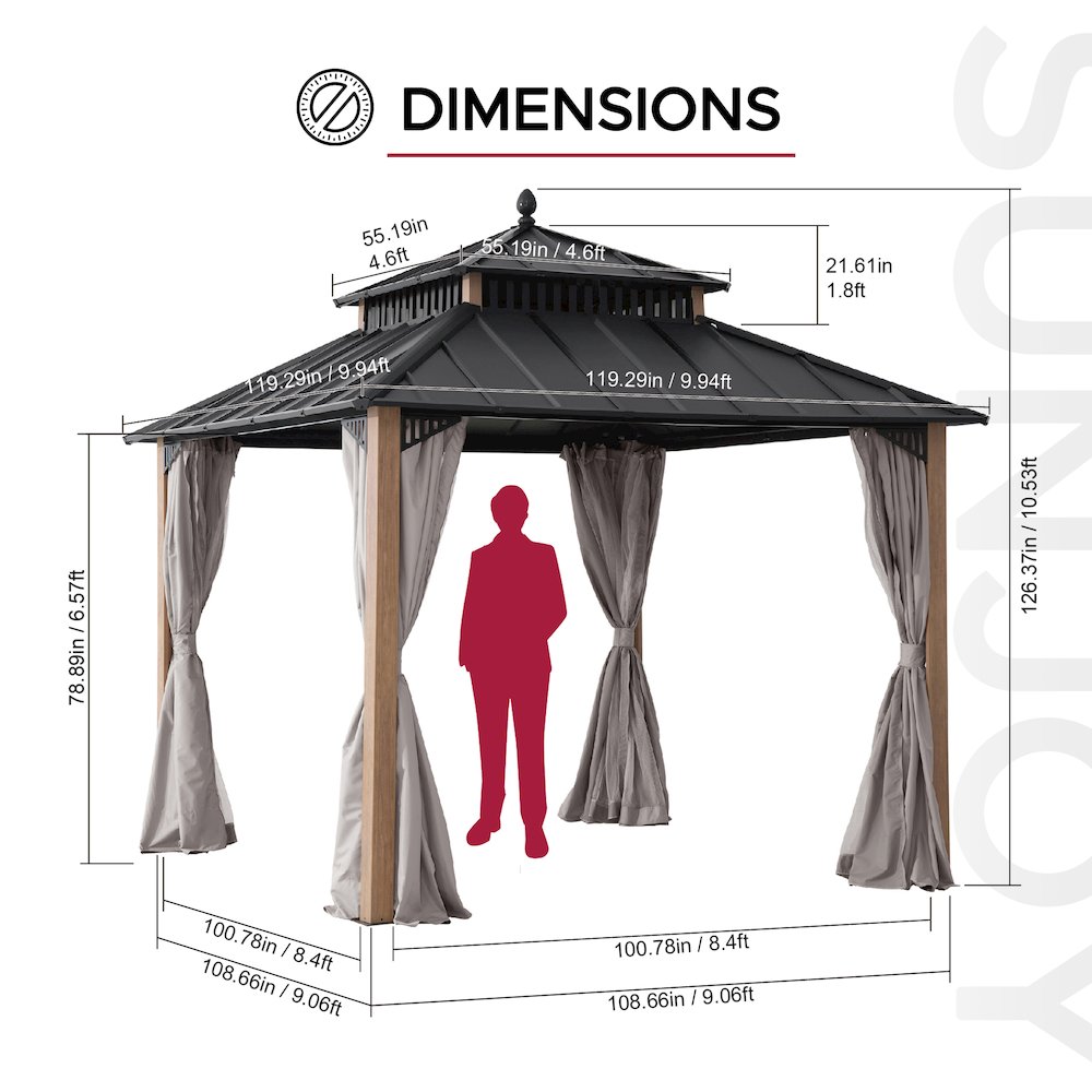 10 ft x 10 ft Hardtop Gazebo with Steel Roof, Woodgrain Aluminum Frame