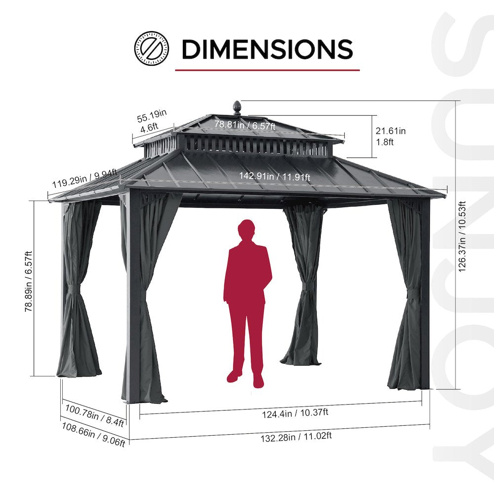 12 ft x 10 ft Hardtop Gazebo with Steel Roof, Grey Aluminum Frame - Extra-Tall