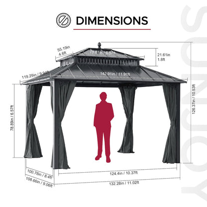 12 ft x 10 ft Hardtop Gazebo with Steel Roof, Grey Aluminum Frame - Extra-Tall
