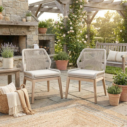 White Outdoor Dining Chair 2-Piece Set, Teak Base, Rope Weave