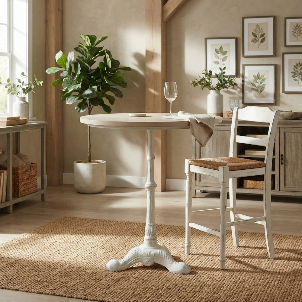 FurniFact Round Pub Table with Mango Wood Top and Cast Iron Base, Whitewash