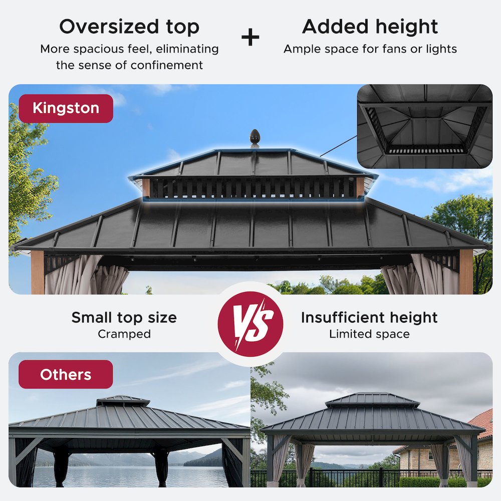 12 ft x 10 ft Hardtop Gazebo with Steel Roof, Woodgrain Aluminum Frame