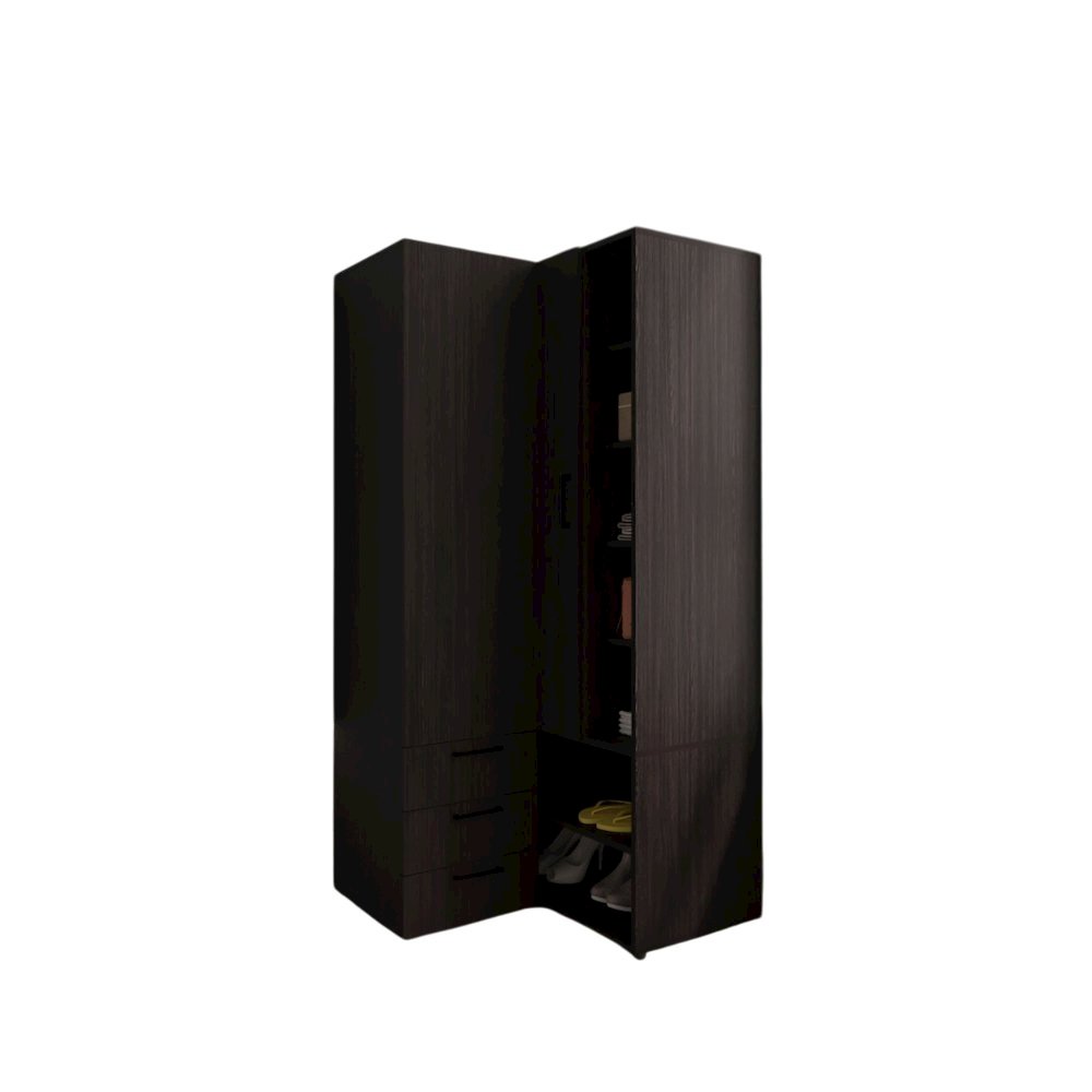 Corner Armoire With Double Doors, Interior Shelves, Space-Saving Wardrobe, Black