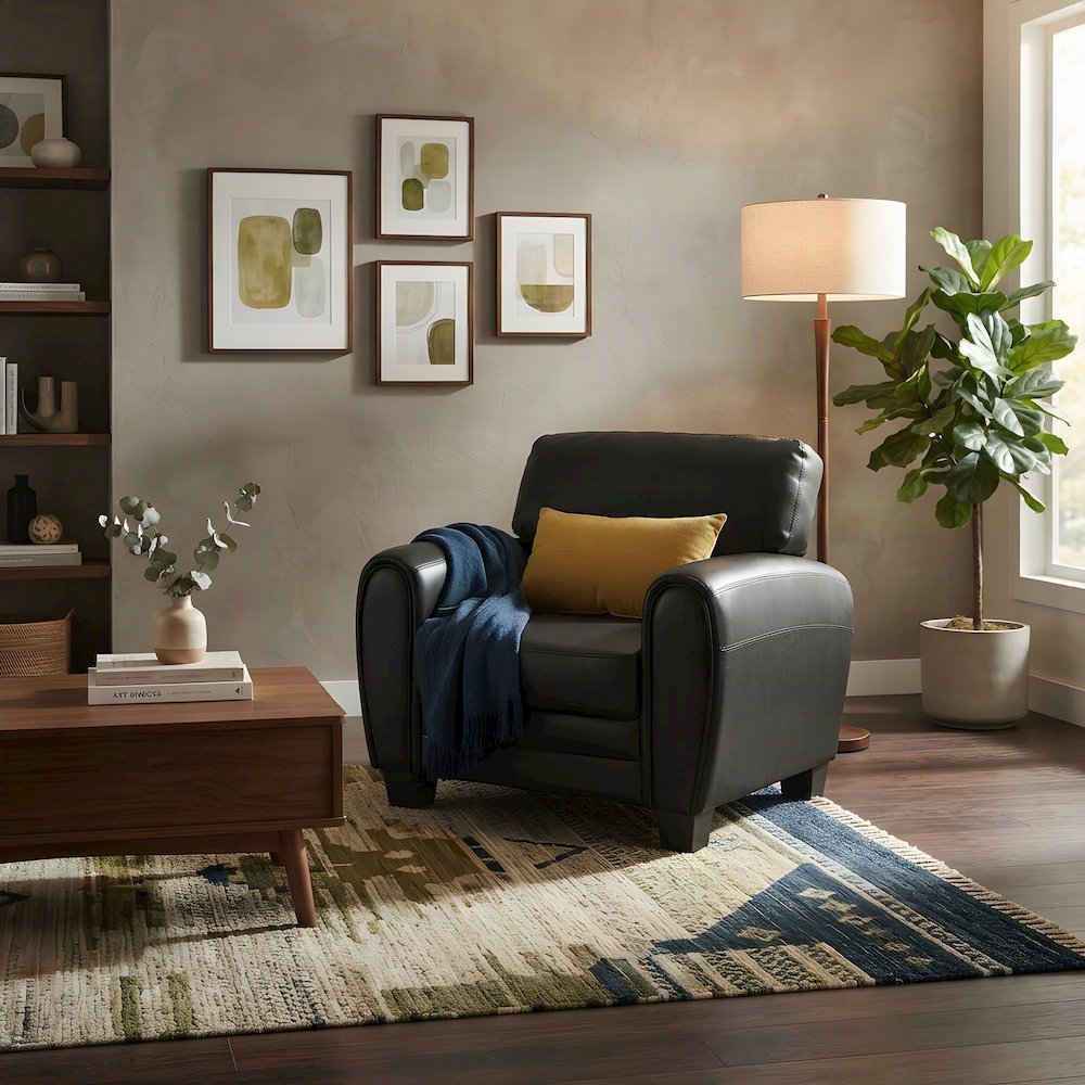 Faux Leather Accent Chair with Padded Seat and Arms for Bedroom, Black