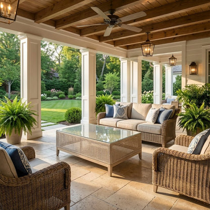 White Transitional Outdoor Coffee Table, Teak Wood Frame, Tempered Glass Surface