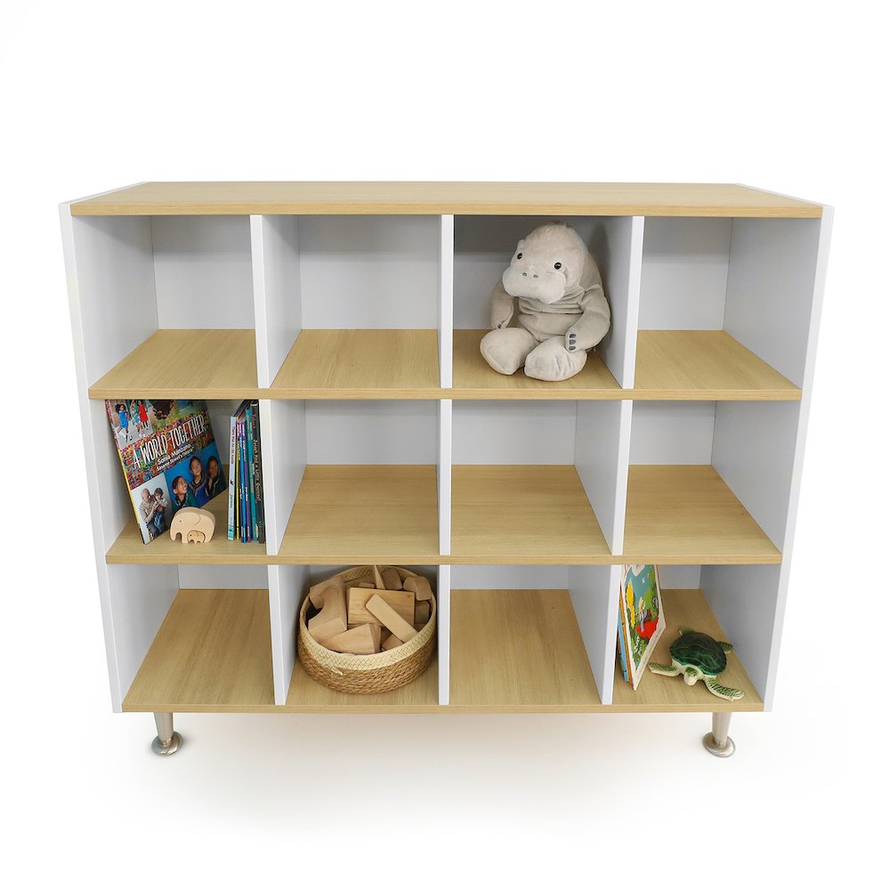 12 Cubby Backpack Storage in Brown and White Color