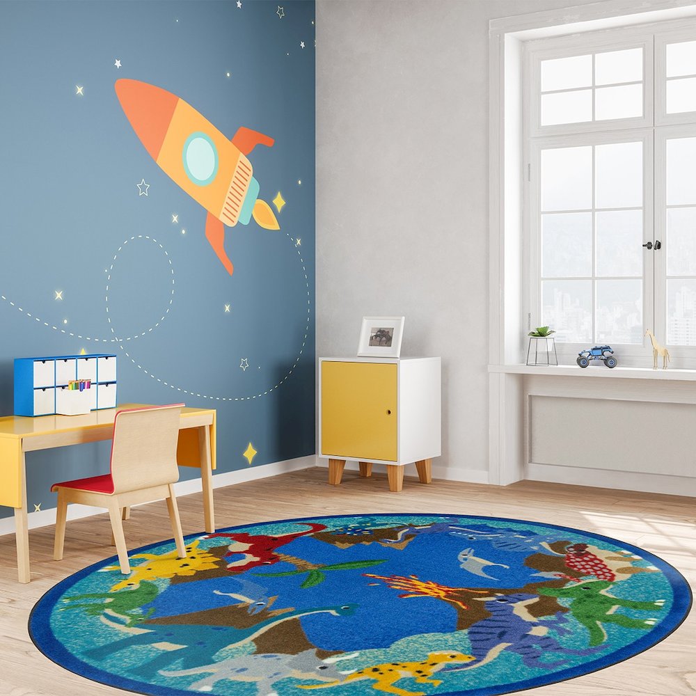 Kid Essentials Dino Parade 5'4" Round Area Rug in Color Multi