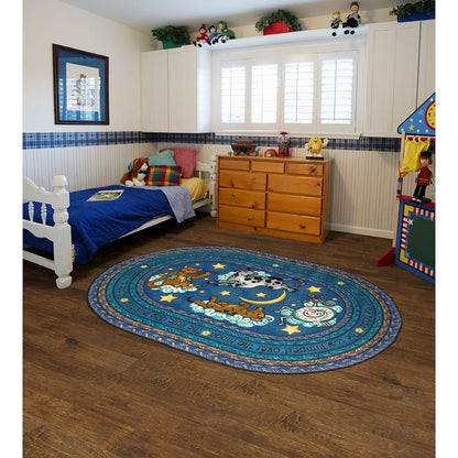 Kid Essentials Hey Diddle Diddle 7'8" x 10'9" Oval Area Rug in Color Blue