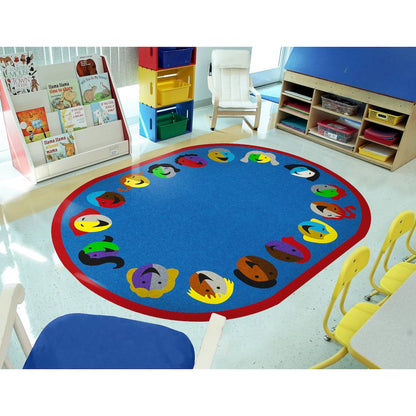 Kid Essentials Joyful Faces 10'9" x 13'2" Oval Area Rug in Color Blue