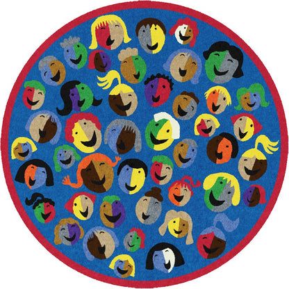 Kid Essentials Joyful Faces 7'7" Round Area Rug in Color Blue