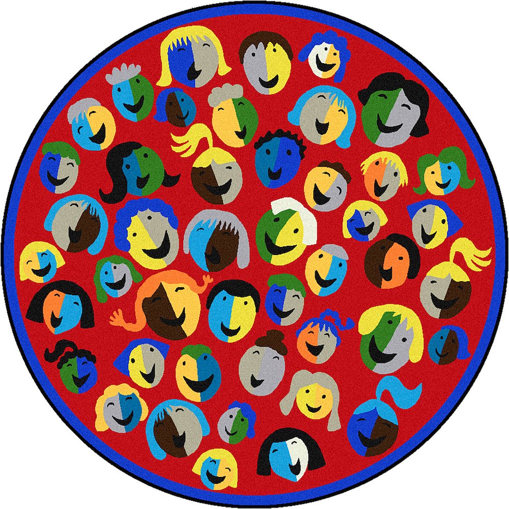 Kid Essentials Joyful Faces 7'7" Round Area Rug in Color Red