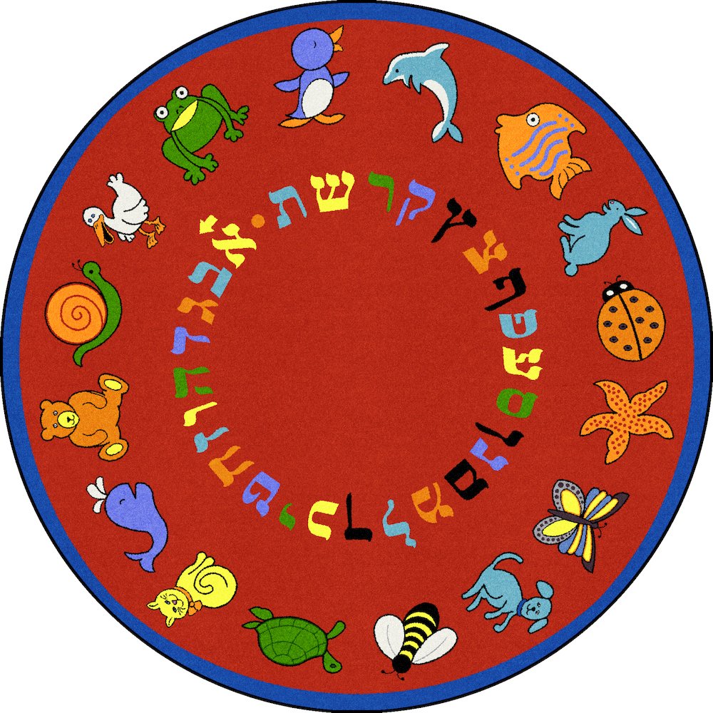 Kid Essentials ABC Animals (Hebrew Alphabet) 7'7" Round Area Rug in Color Red