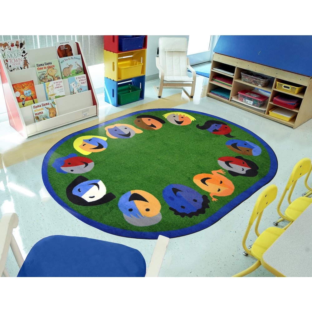 Kid Essentials Joyful Faces 5'4" x 7'8" Oval Area Rug in Color Green