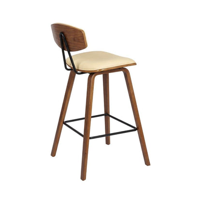 Cream Faux Leather Mid-Century Counter Height Barstool with Walnut Wood Finish