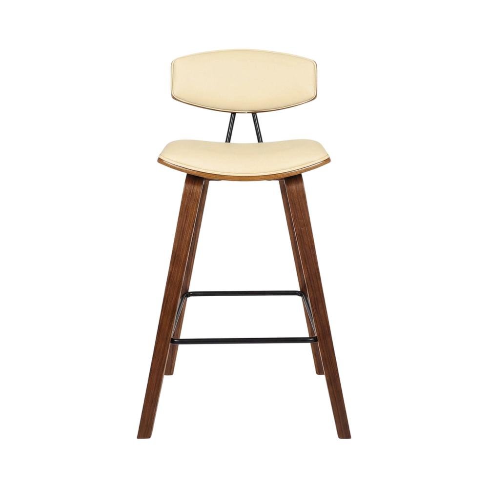 Cream Faux Leather Mid-Century Counter Height Barstool with Walnut Wood Finish