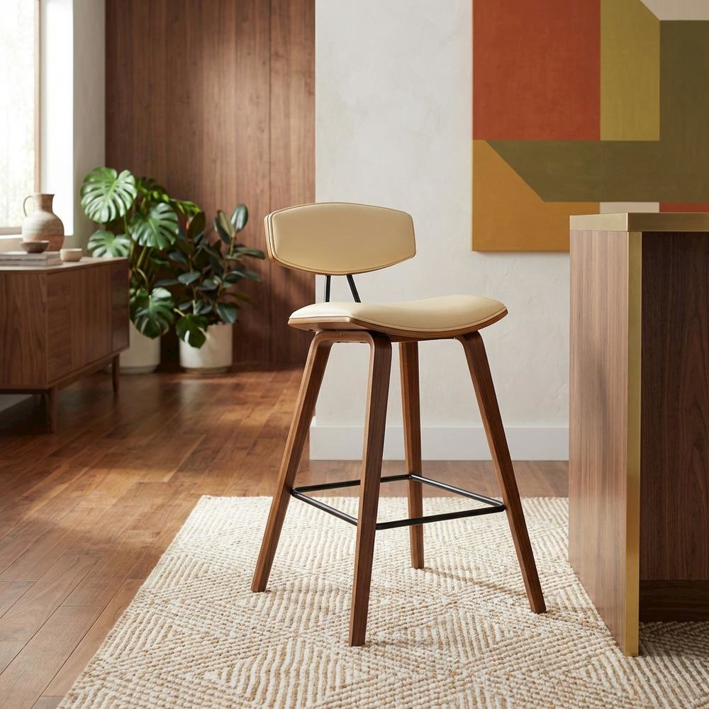 Cream Faux Leather Mid-Century Counter Height Barstool with Walnut Wood Finish