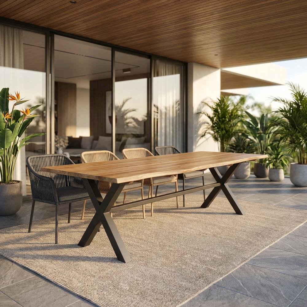 Eucalyptus Wood Outdoor Dining Table With Black Steel Base For Patio Living