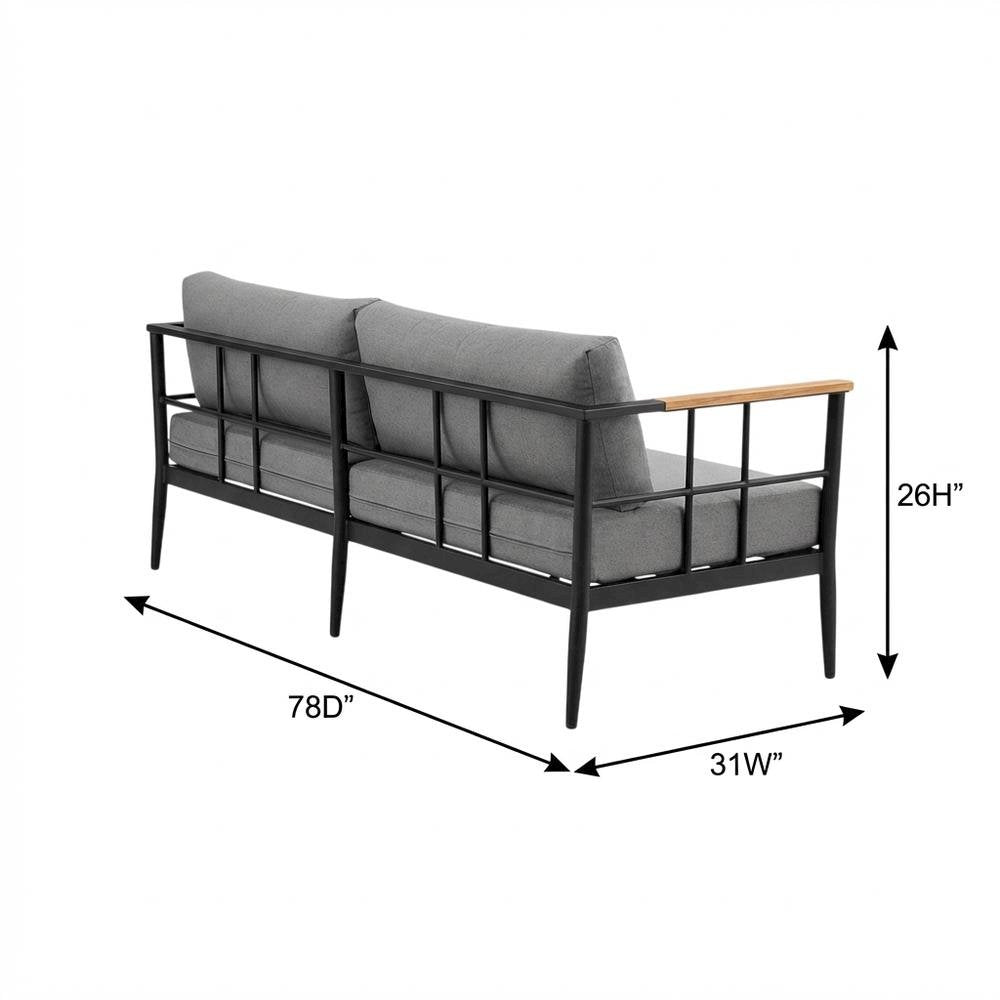 Black And Gray Aluminum-Teak Outdoor Sofa With Water Resistance