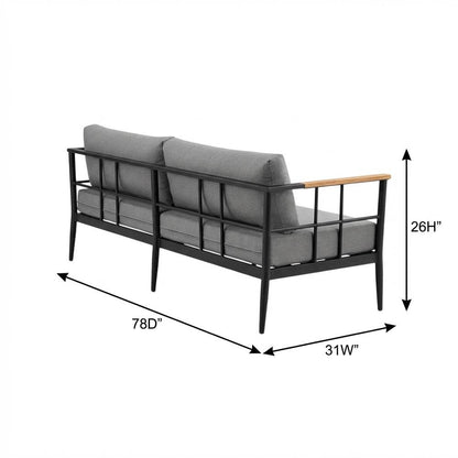 Black And Gray Aluminum-Teak Outdoor Sofa With Water Resistance