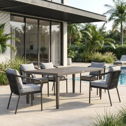 Gray Outdoor Aluminum Rectangular Dining Table, Durable Design, Spacious Surface