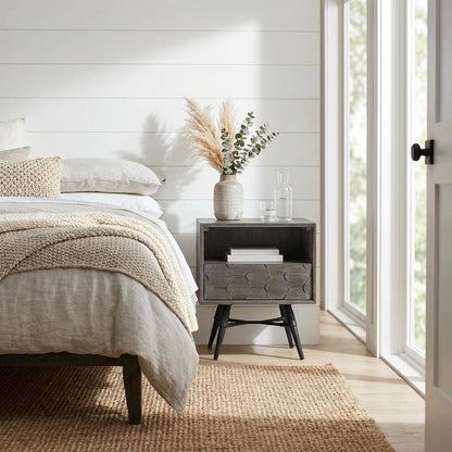 Grey Acacia Wood Nightstand with Single Drawer and Sturdy Legs