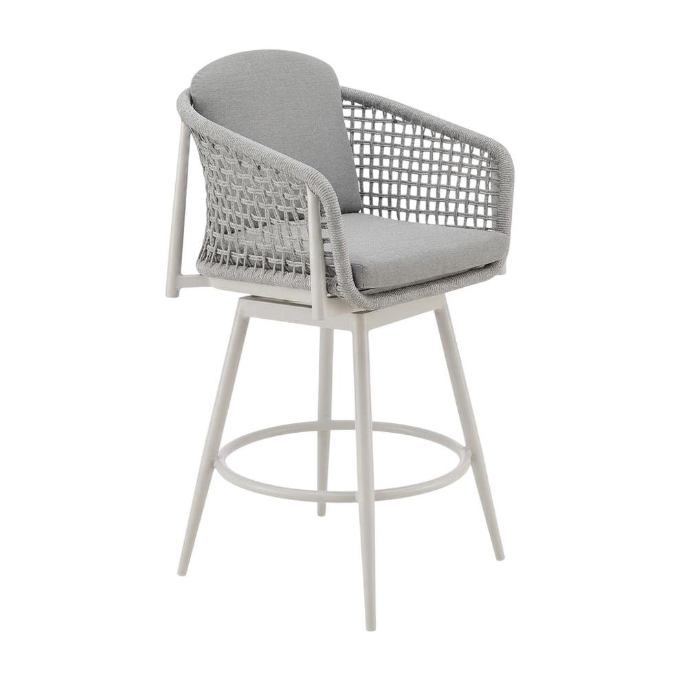 Gray Aluminum Outdoor Bar Stool With Swivel And Light Gray Rope Accents