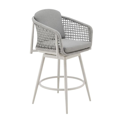 Gray Aluminum Outdoor Bar Stool With Swivel And Light Gray Rope Accents