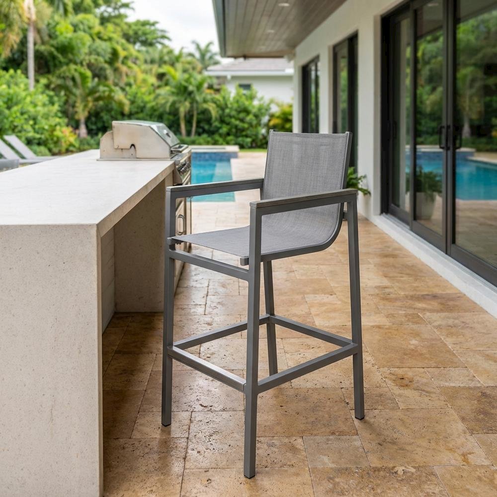Gray Outdoor Patio Barstool With Armrest Accents, Water And Uv Resistant Finish