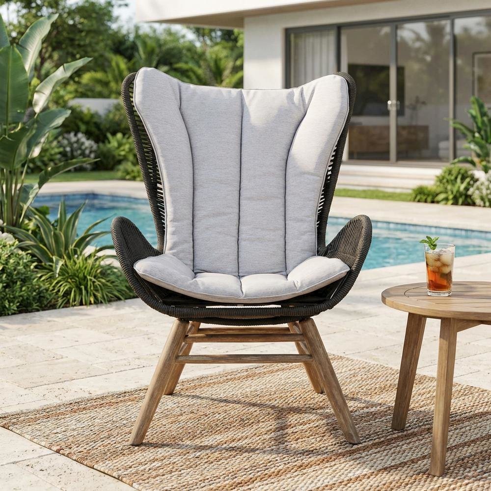 Light Eucalyptus Wood Outdoor Lounge Chair With Truffle Rope And Gray Cushion