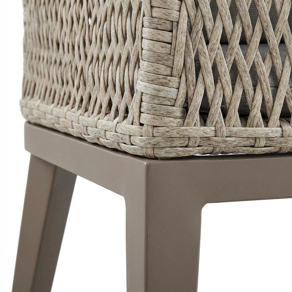Gray Wicker And Aluminum Outdoor Dining Chairs With Beige Cushions, Set Of 2