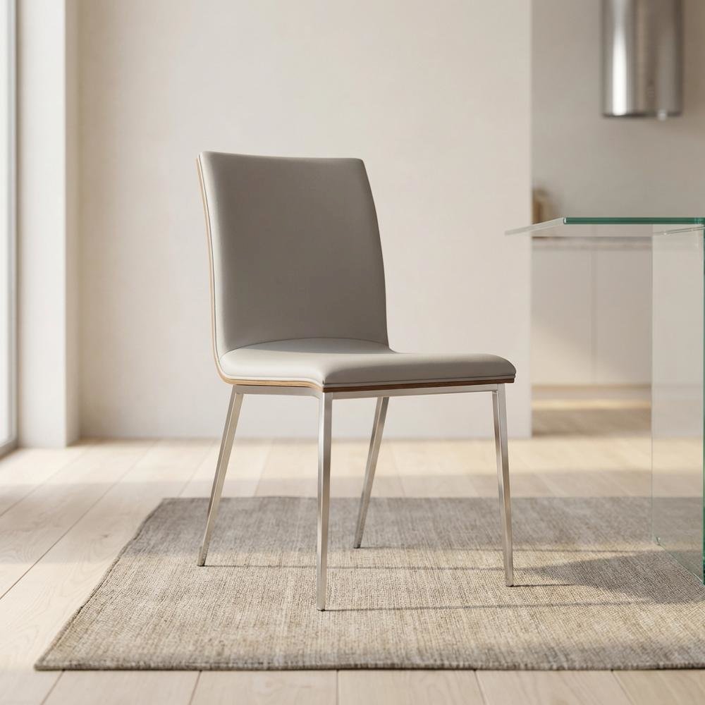 Stainless Steel Dining Chairs with Grey Faux Leather and Walnut Back, Set of 2