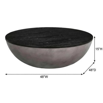 Round Concrete Coffee Table with Black Brushed Oak Top and Durable Oak Base