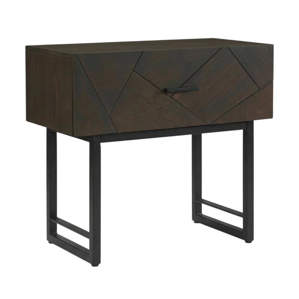 Smoke Oak Nightstand with Single Drawer and Black Metal Legs