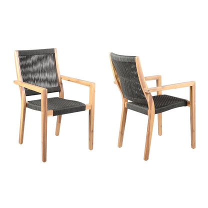 Teak Finish Outdoor Patio Charcoal Rope Arm Chairs - Set Of 2