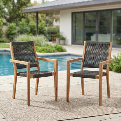 Teak Finish Outdoor Patio Charcoal Rope Arm Chairs - Set Of 2