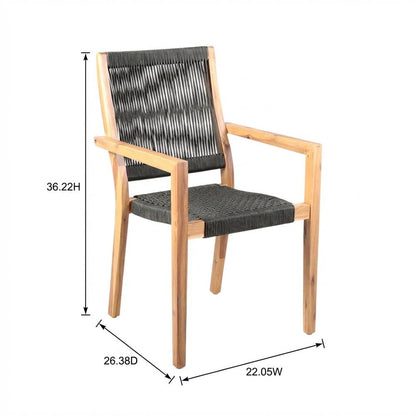 Teak Finish Outdoor Patio Charcoal Rope Arm Chairs - Set Of 2