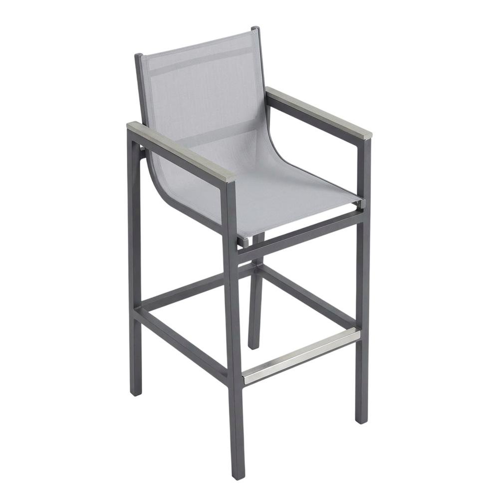 Gray Outdoor Patio Barstool With Armrest Accents, Water And Uv Resistant Finish