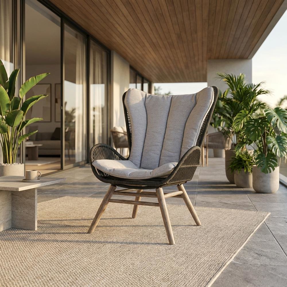 Light Eucalyptus Wood Outdoor Lounge Chair With Truffle Rope And Gray Cushion