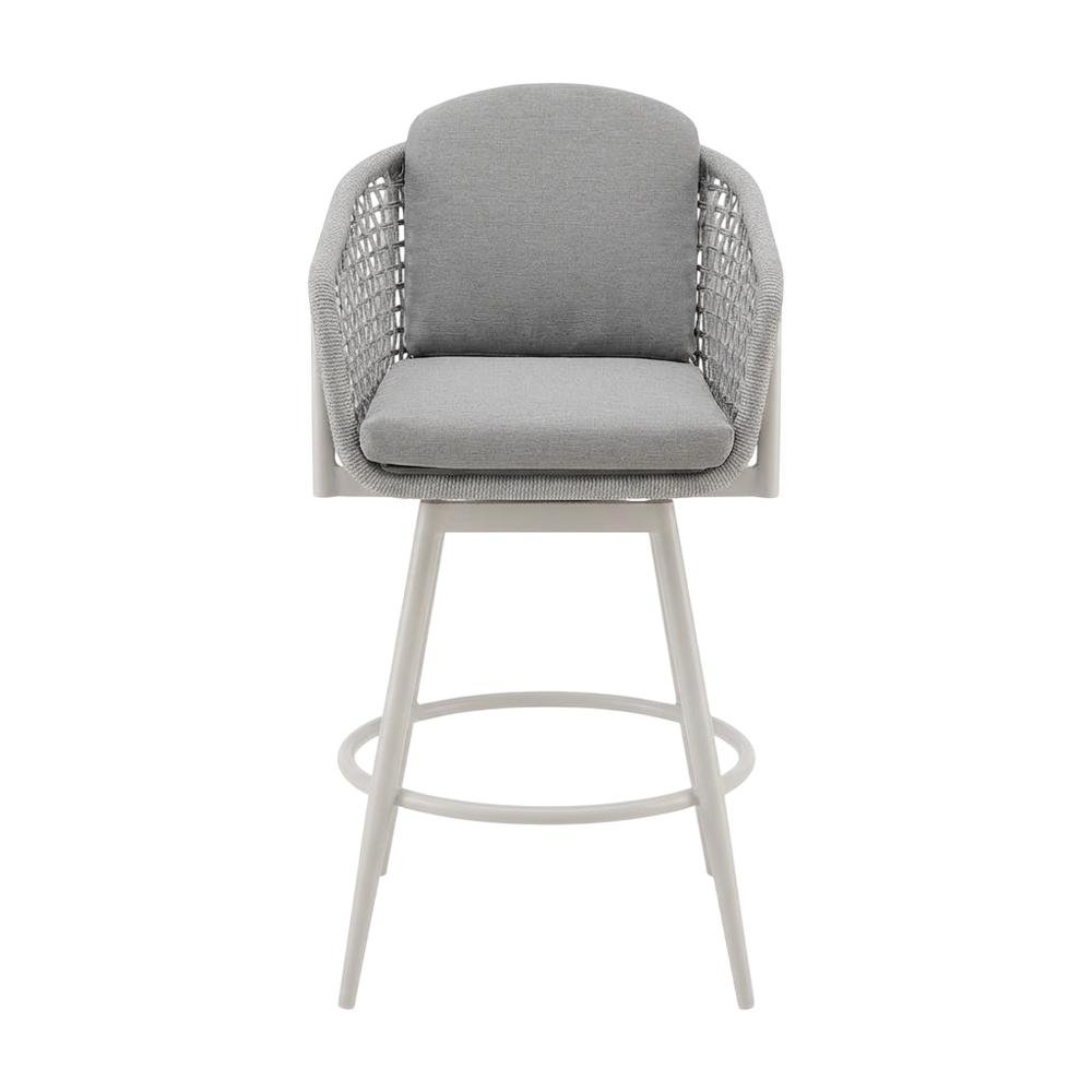 Gray Aluminum Outdoor Bar Stool With Swivel And Light Gray Rope Accents